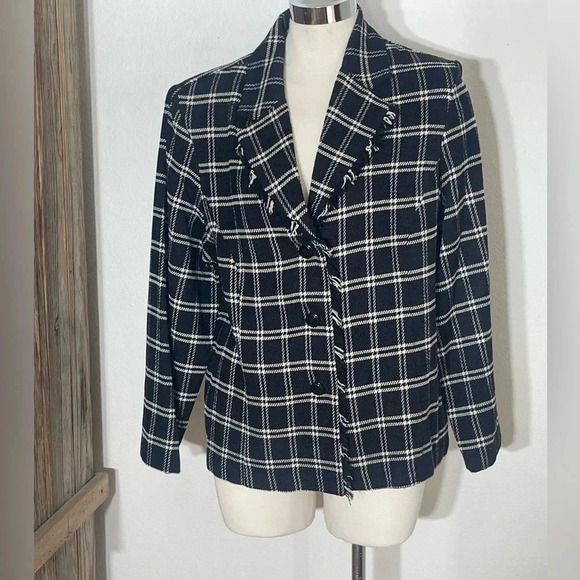 First Option Jackets & Blazers - First option black white checkered plaid blazer fringe collared size medium